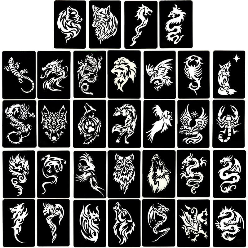 Kotbs 4 Sheets Temporary Tattoo Stencils, 32pcs Animal Patterns Henna Tattoo Stencil Kit Temporary Glitter Airbrush Tattoo Stencils Arabian Tattoo Stickers for Face Body Paint Art - Image 1